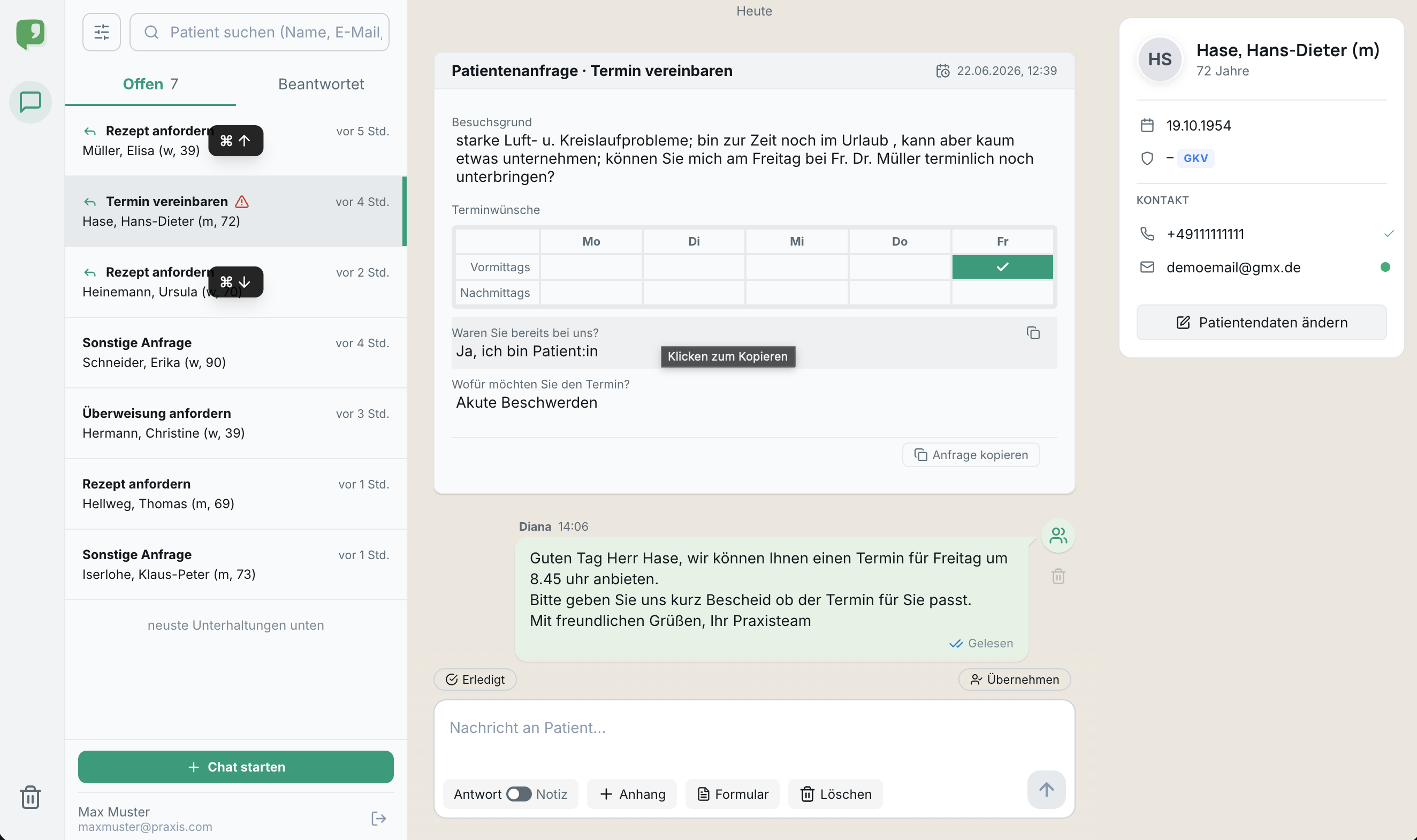 Mitarbeiteransicht der Online-Rezeption
